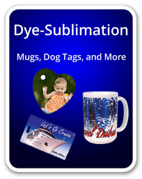 Glass mug, dog tag and manget examples of photo sublimation